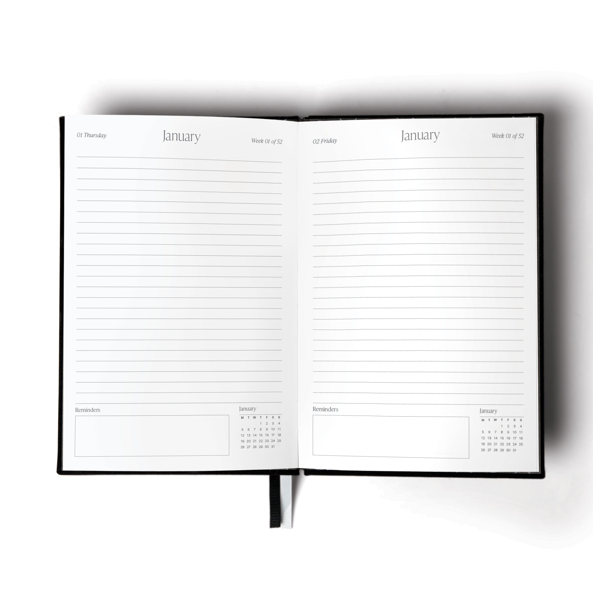 The 2026 Diary by The Head Plan in the colour Black open to a Daily page in January #color_black
