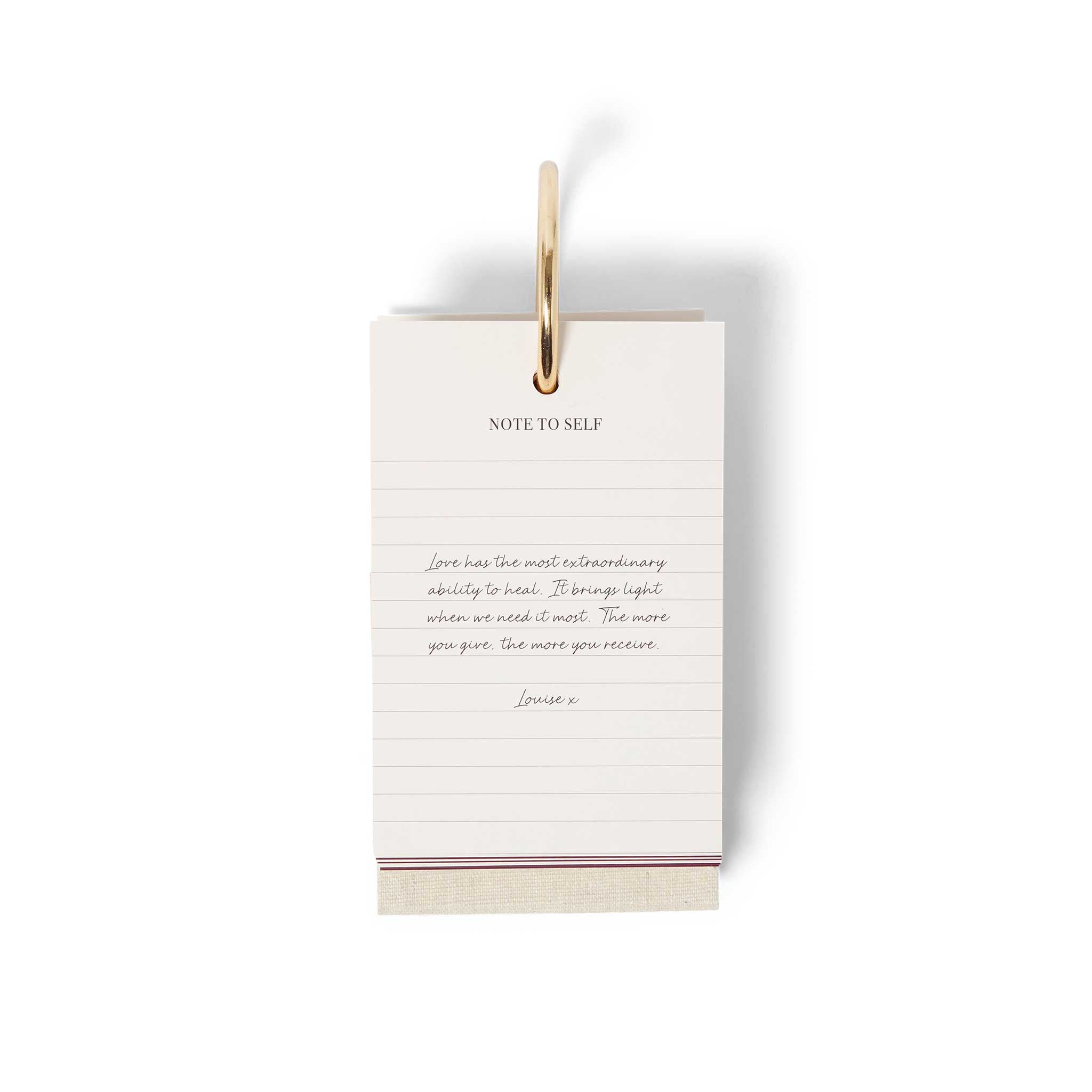 The Head Plan x Louise Affirmation Flip Deck showing a letter from Louise