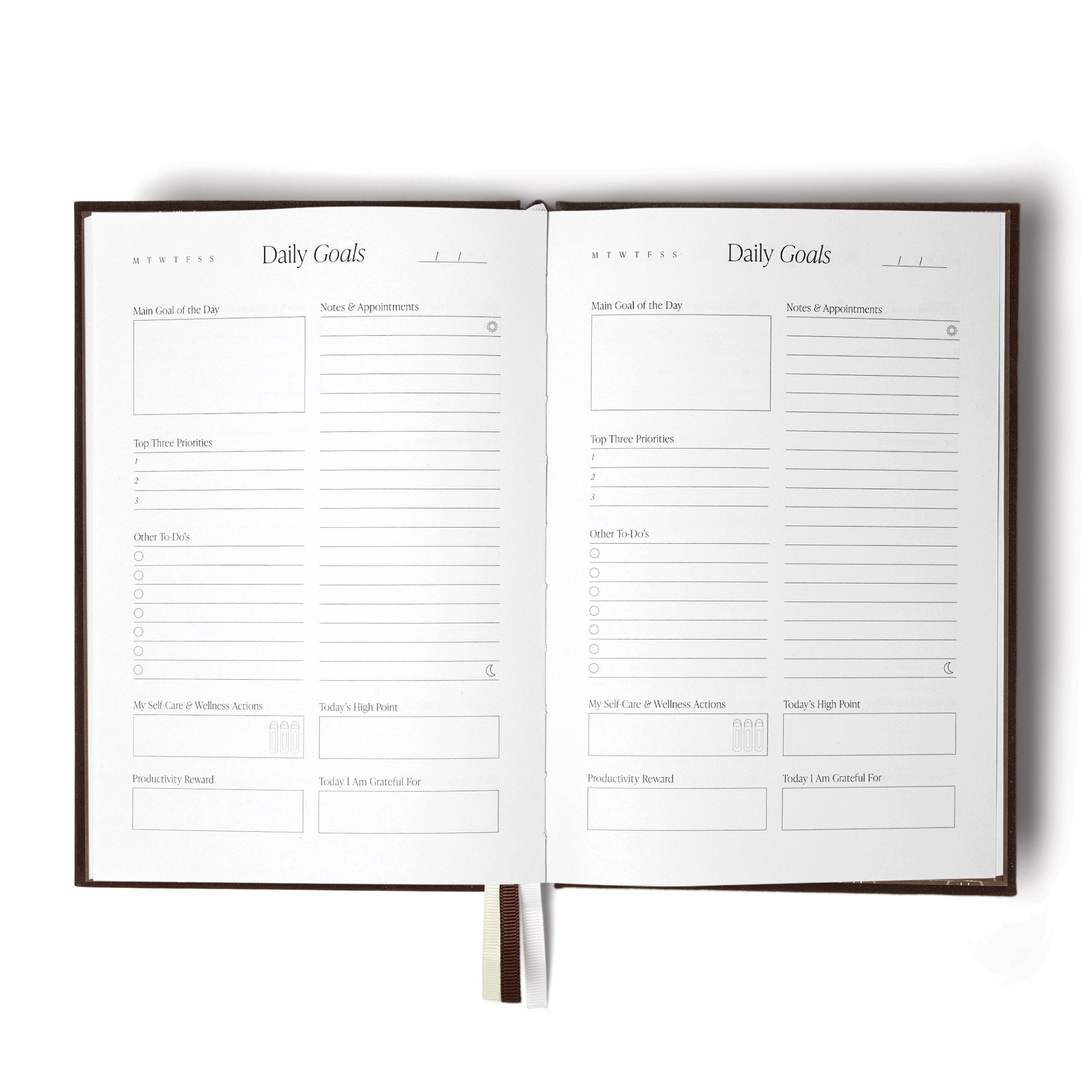 The Head Plan Journal open on the Daily Goals page in the colour Espresso #color_espresso