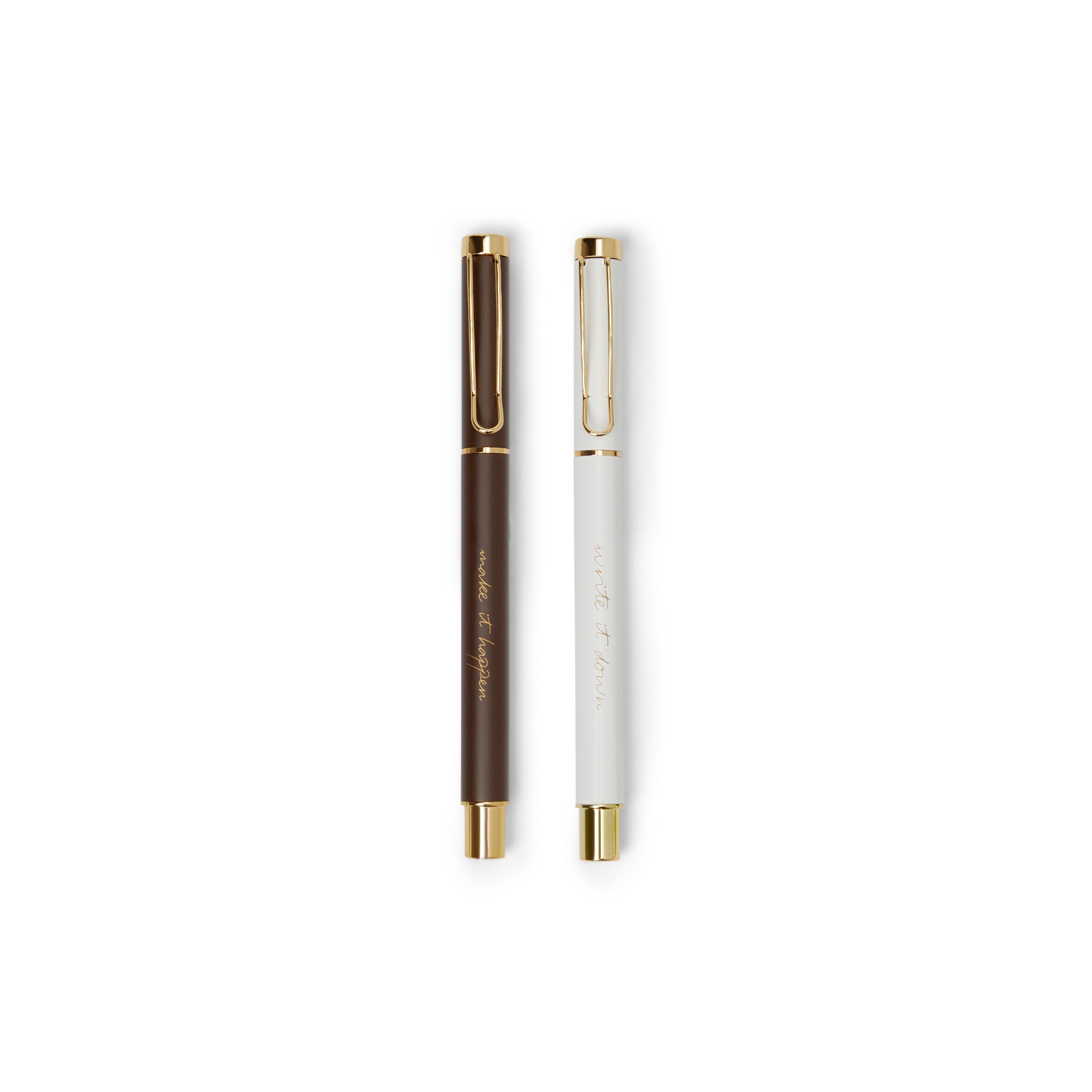 The Head Plan Pen Set: white and espresso ballpoint pens with gold accents side by side on white background