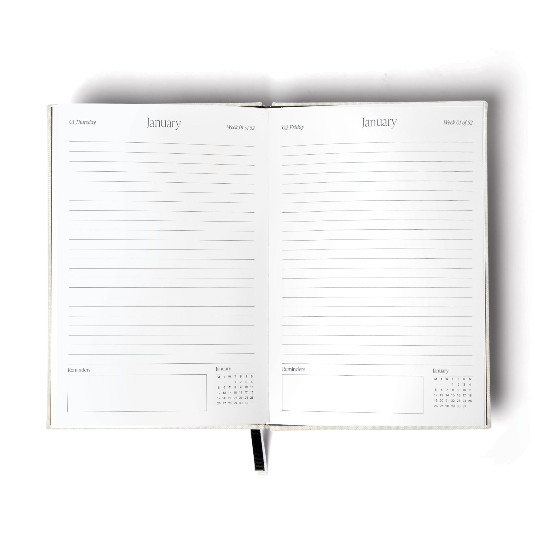 The 2026 Diary by The Head Plan in the colour White open to a Daily page in January #color_white