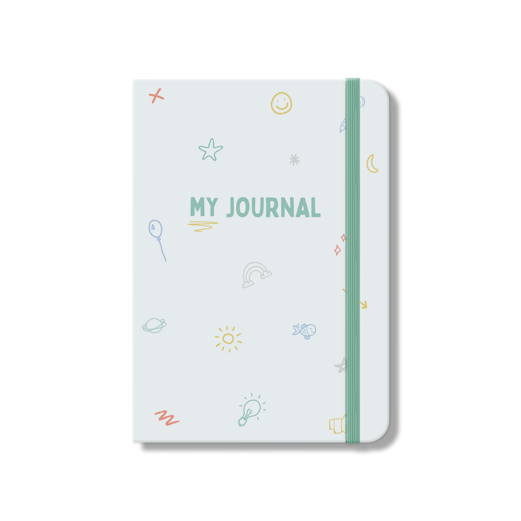 A colorful A5 kids' journal with a soft spine and a ribbon marker, titled 'MY JOURNAL' on the cover.