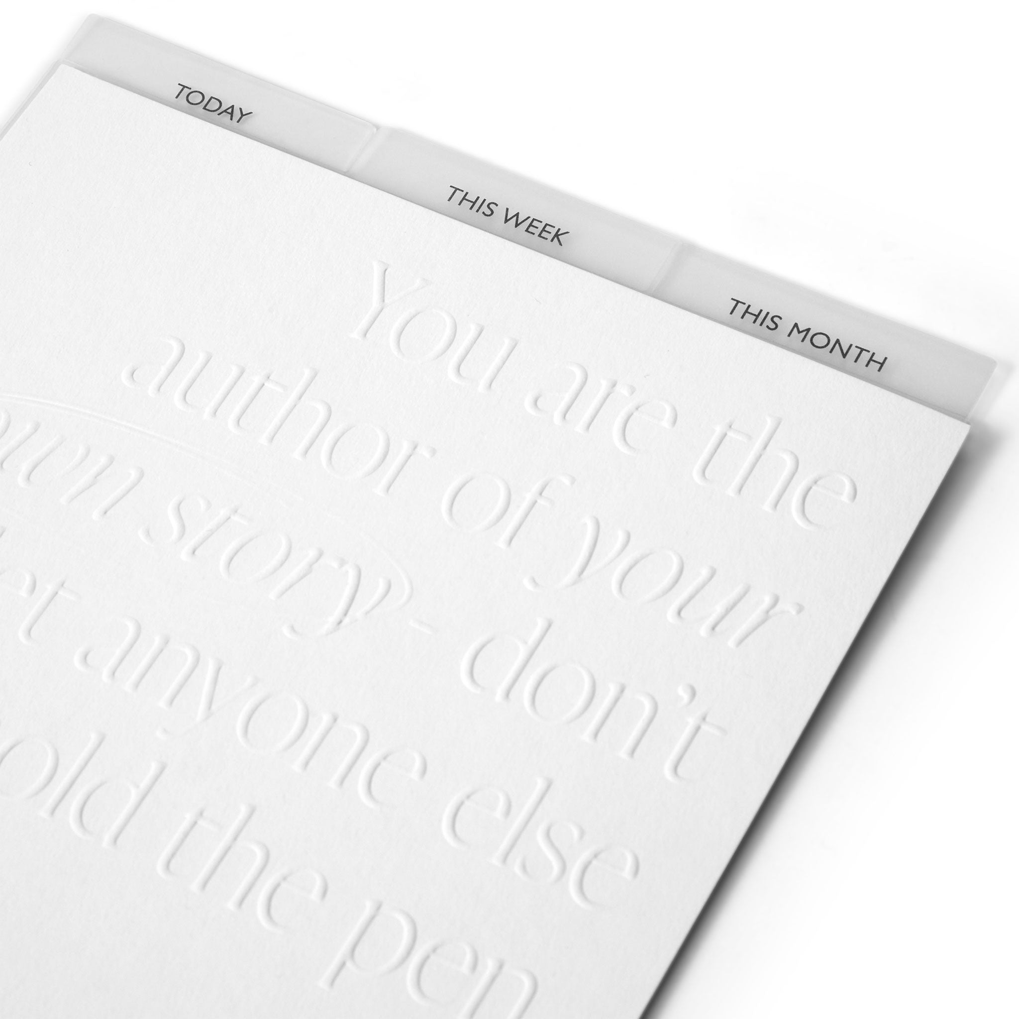 Close up of The Head Plan Agenda Accessories PVC frosted divider tabs labeled Today, This Week, and This Month