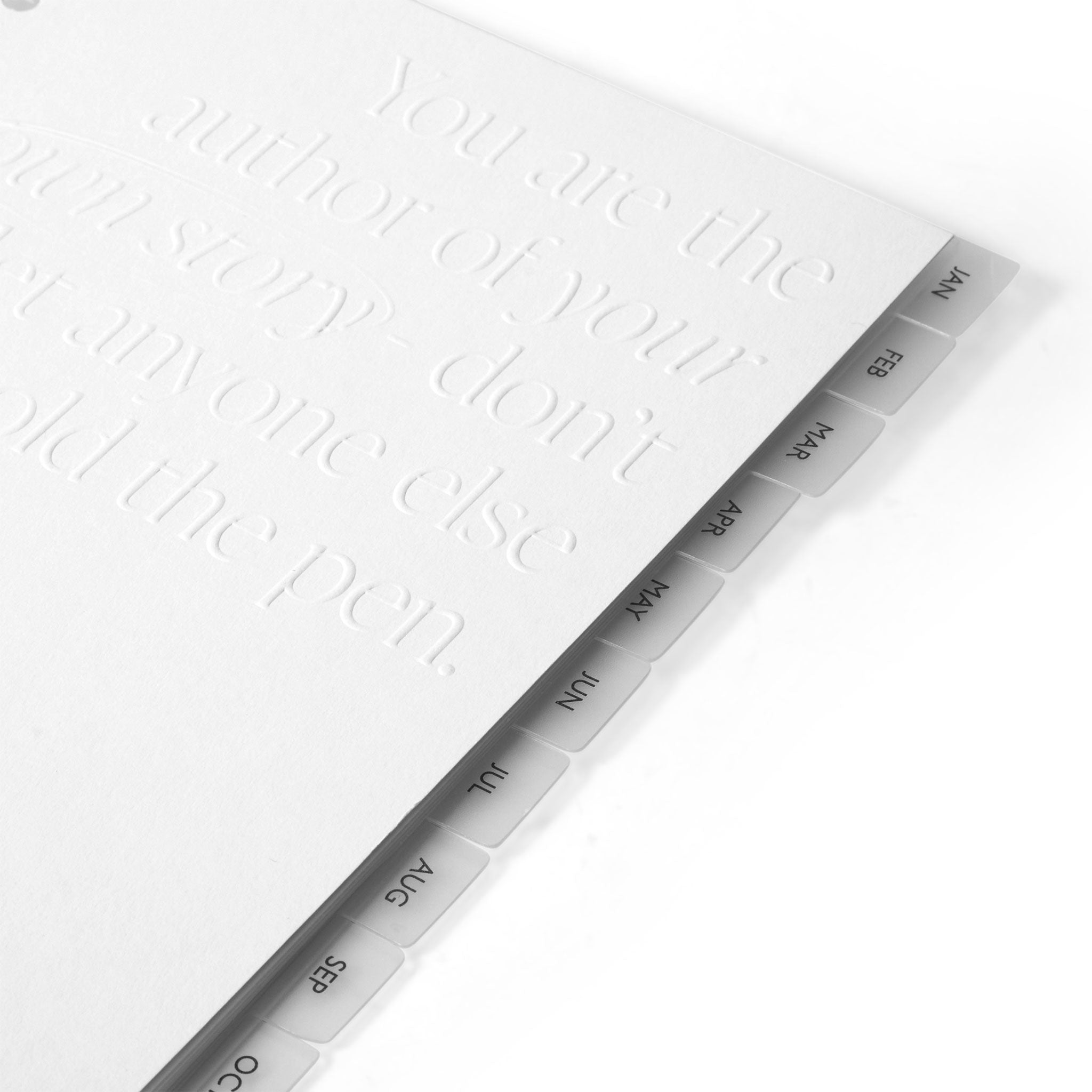 Close up of The Head Plan Agenda Accessories set of PVC frosted monthly divider tabs for each month of the year