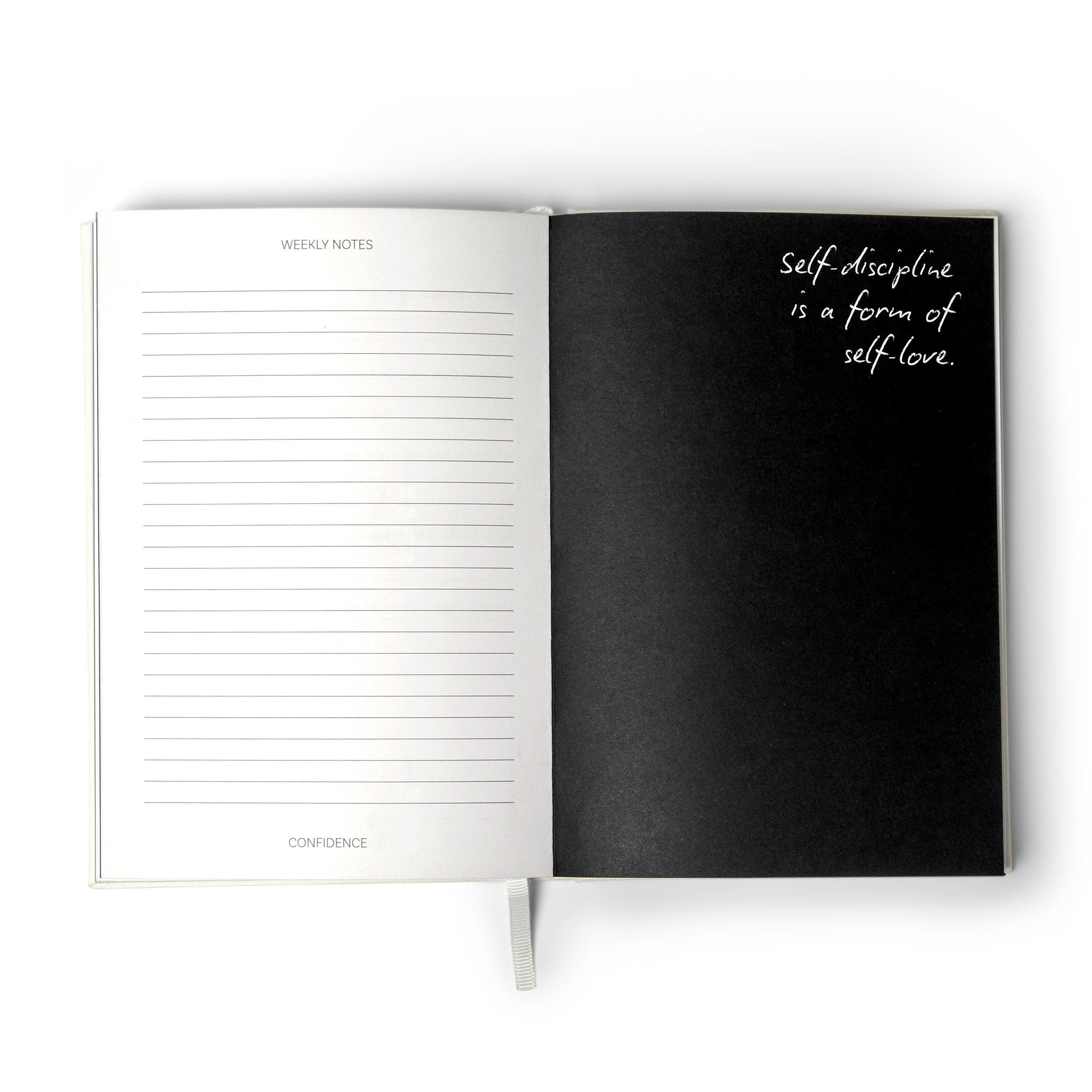 White journal by Roxie Nafousi in Collaboration with the Head Plan opened to the weekly notes and quotes page